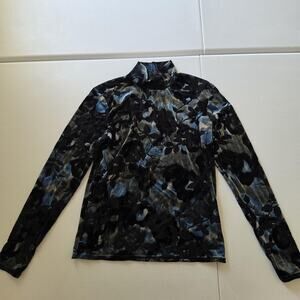 Carlisle Blouse Womens Medium Blue Floral Mock Neck Stretch Velour Long Sleeve
